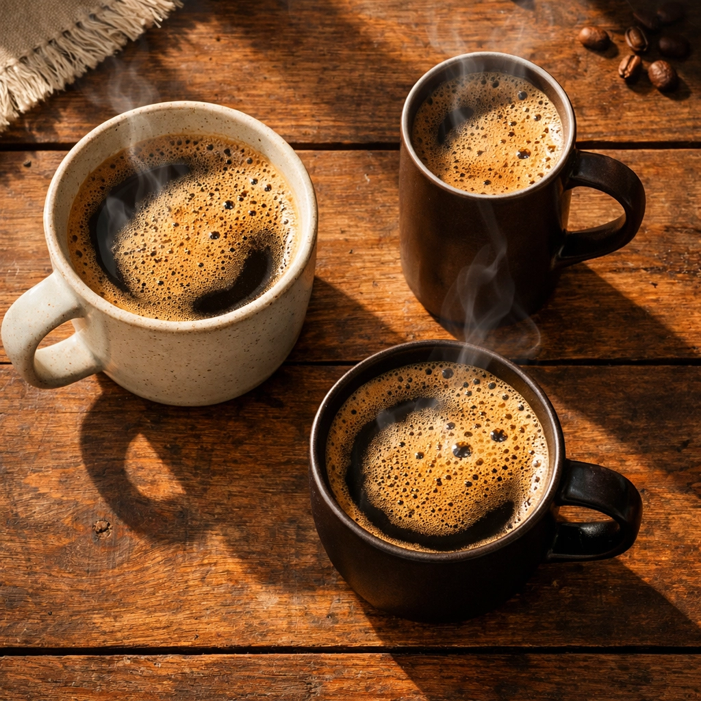 Three coffee mug shapes on wooden table showing wide, narrow, and round designs with fresh coffee