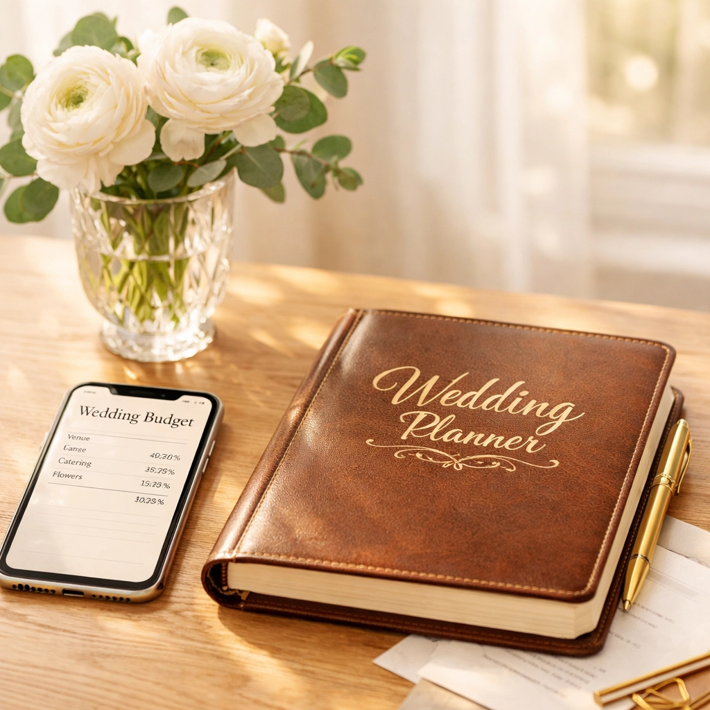 Wedding planner and smartphone on a sunlit table, representing modern digital RSVP and funding strategies.