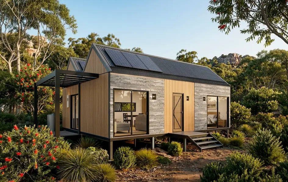 Sustainable modular home featuring timber and weatherboard exterior with solar panels and double-glazed windows