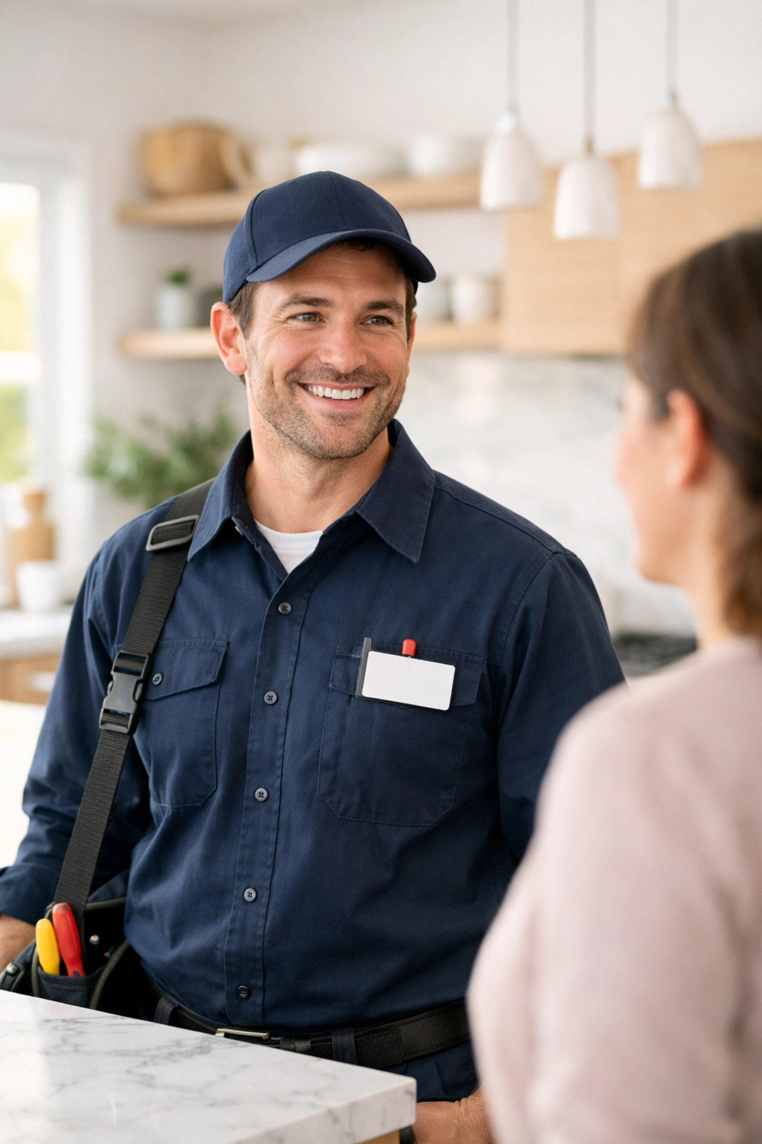 A trusted electrician in Maine discussing service options with a customer in a bright kitchen.