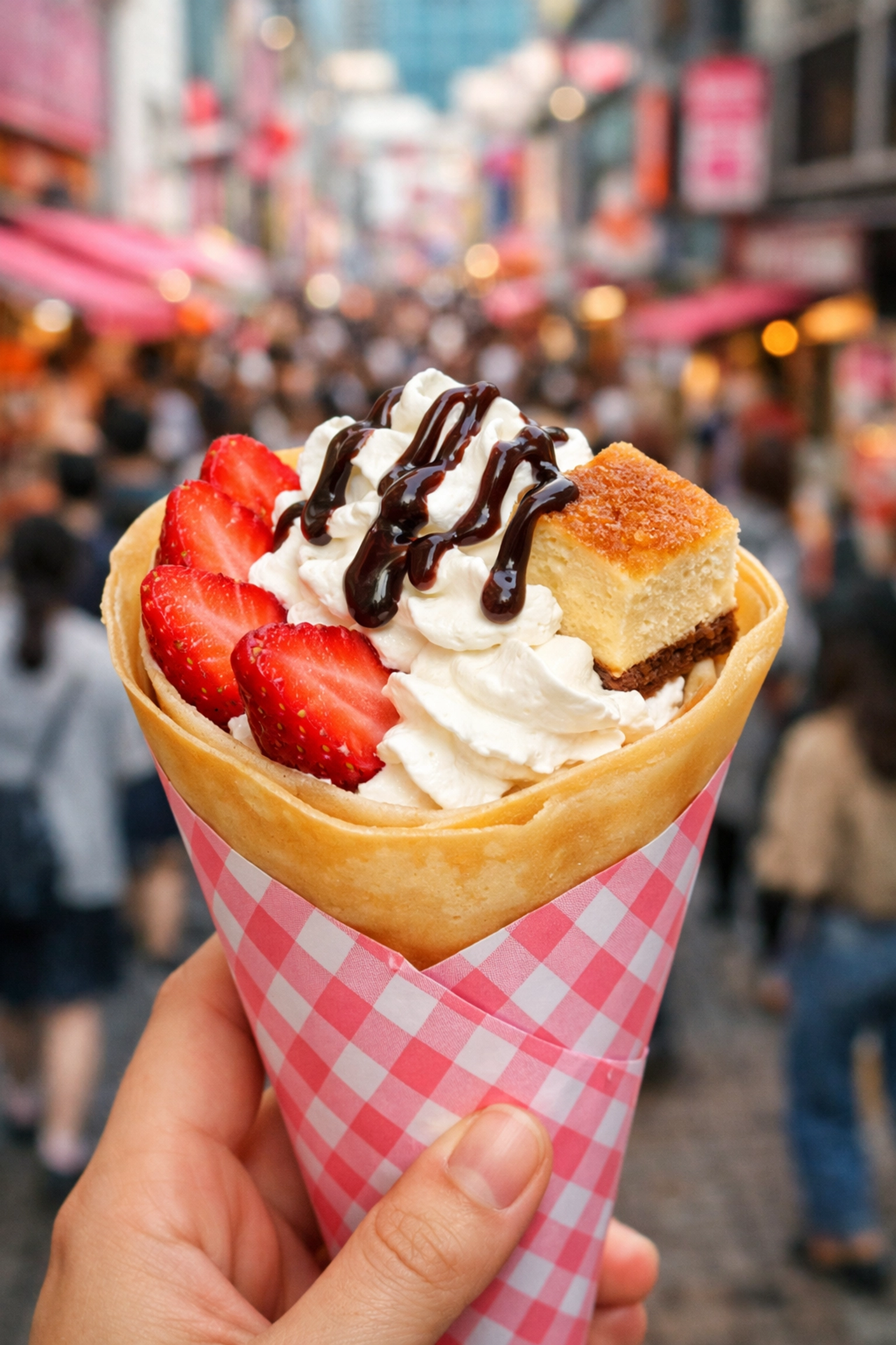 Close-up of a fresh Harajuku strawberry and cheesecake crepe on Takeshita Street.