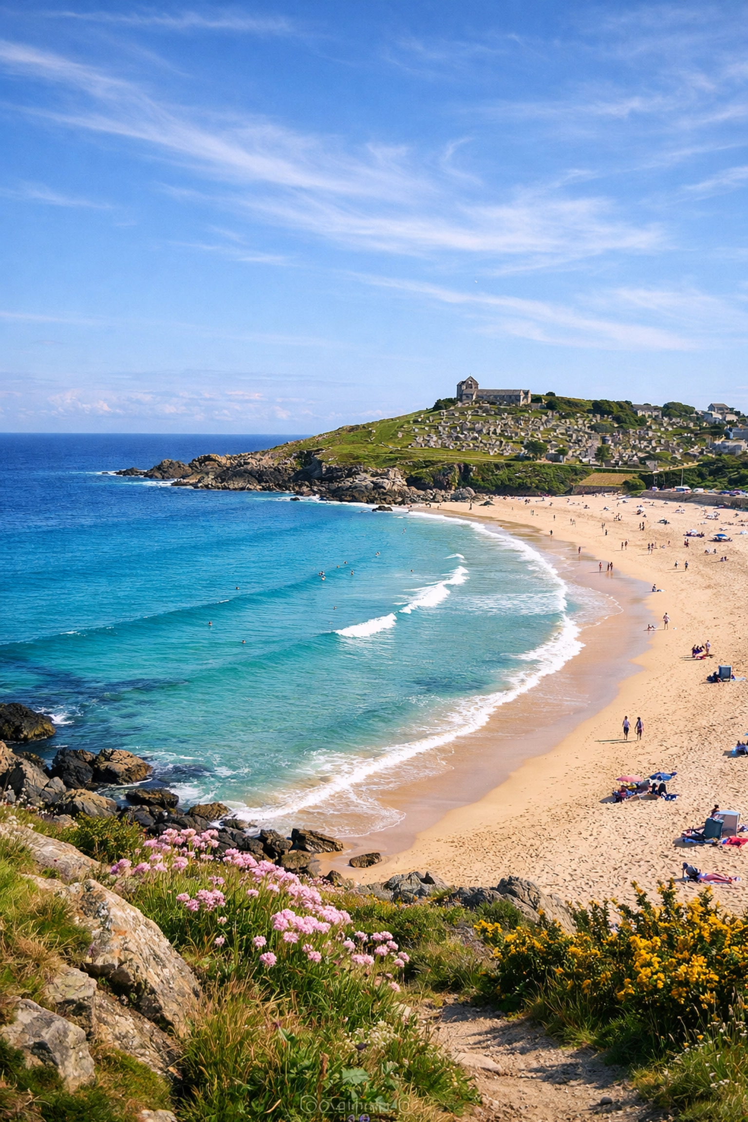 Porthmeor Beach and Barnoon Cemetery in St Ives, providing a serene backdrop for scattering ashes and memorials.