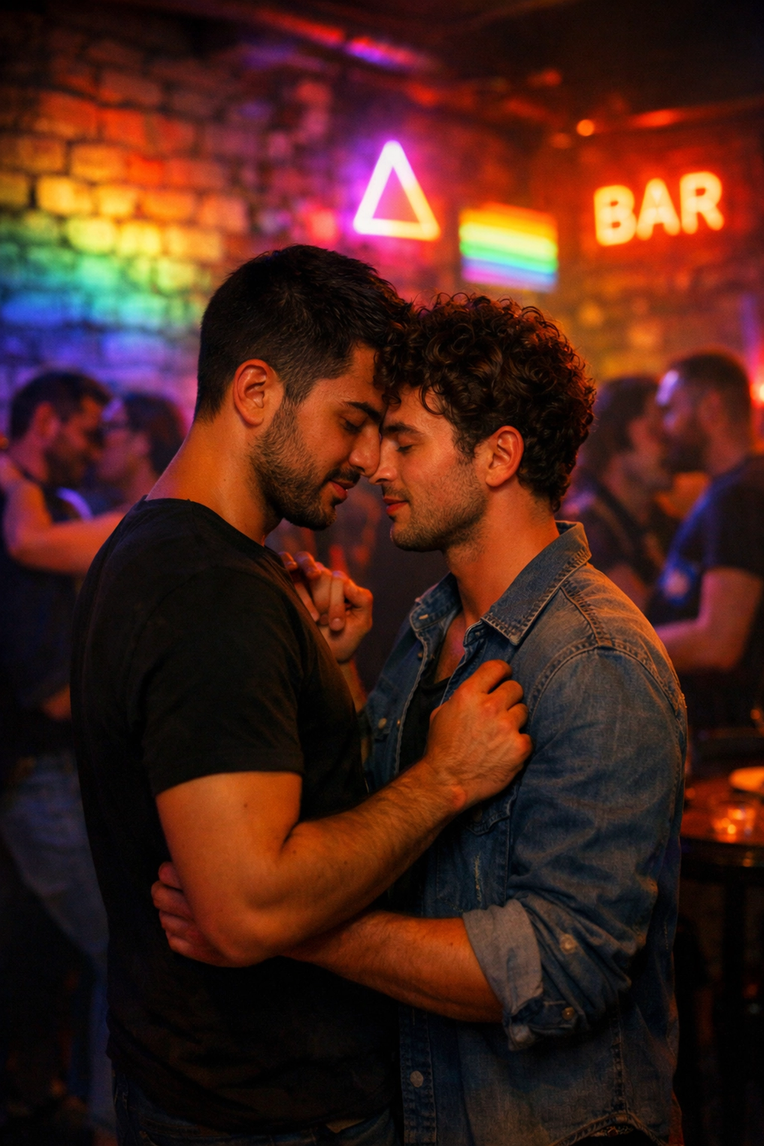 Gay couple dancing in Athens LGBTQ+ bar with rainbow lighting and nightlife energy