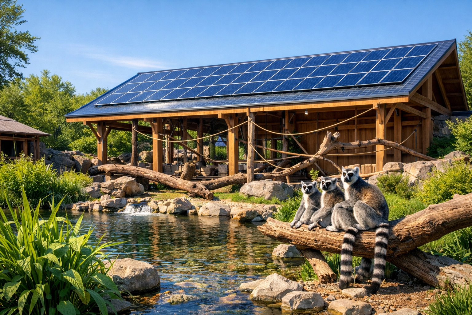 Sustainable zoo exhibit featuring solar panels on a lemur habitat roof for eco-friendly operations.