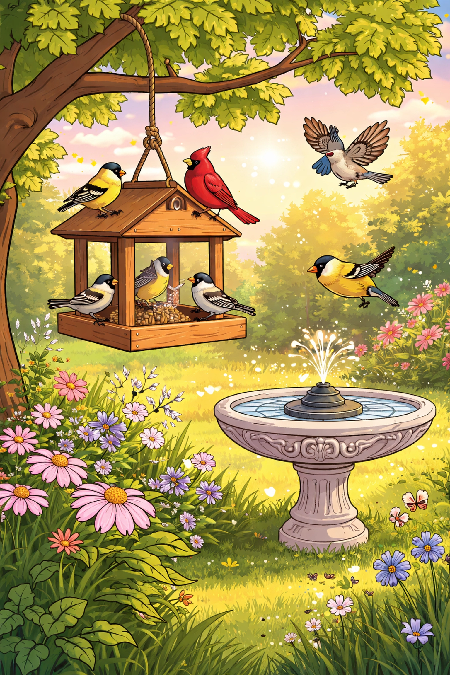 Vector illustration of a backyard scene with bird feeders, colorful songbirds, bird bath, and flowers, perfect for bird lover gift inspiration.