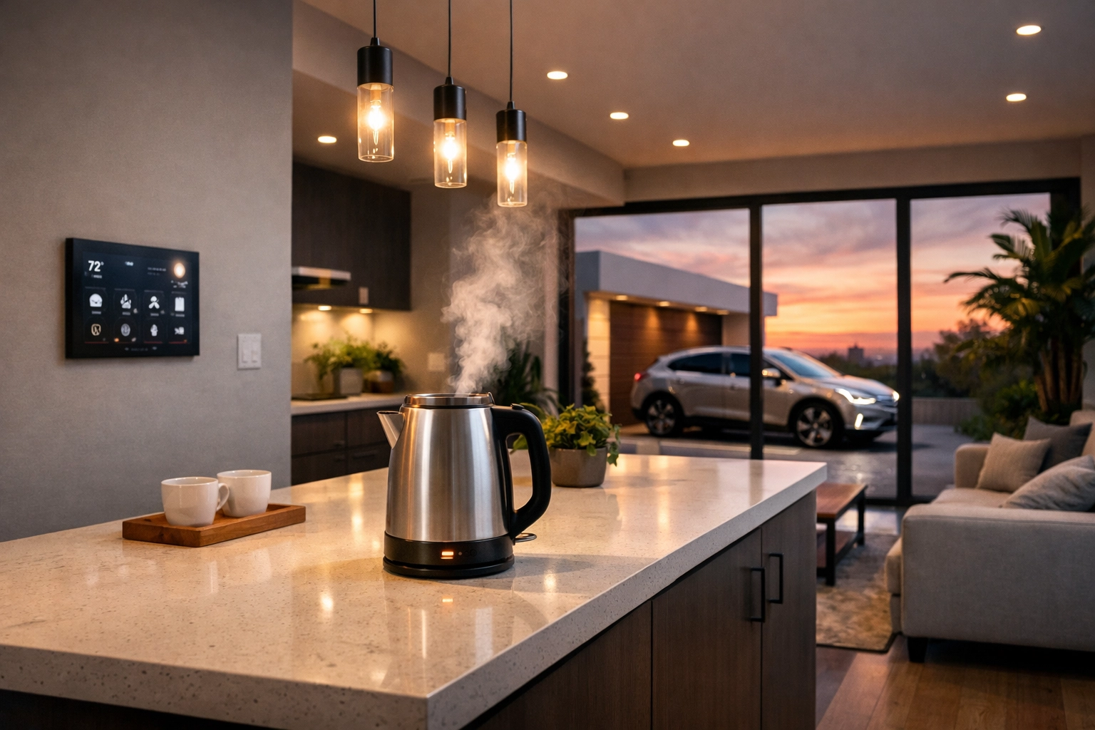 Modern kitchen and EV charging illustrating whole-home power demand for solar battery storage.
