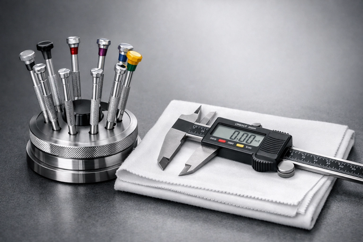 Professional watchmaker precision tools and calipers used for expert inspection of high-end luxury timepieces.