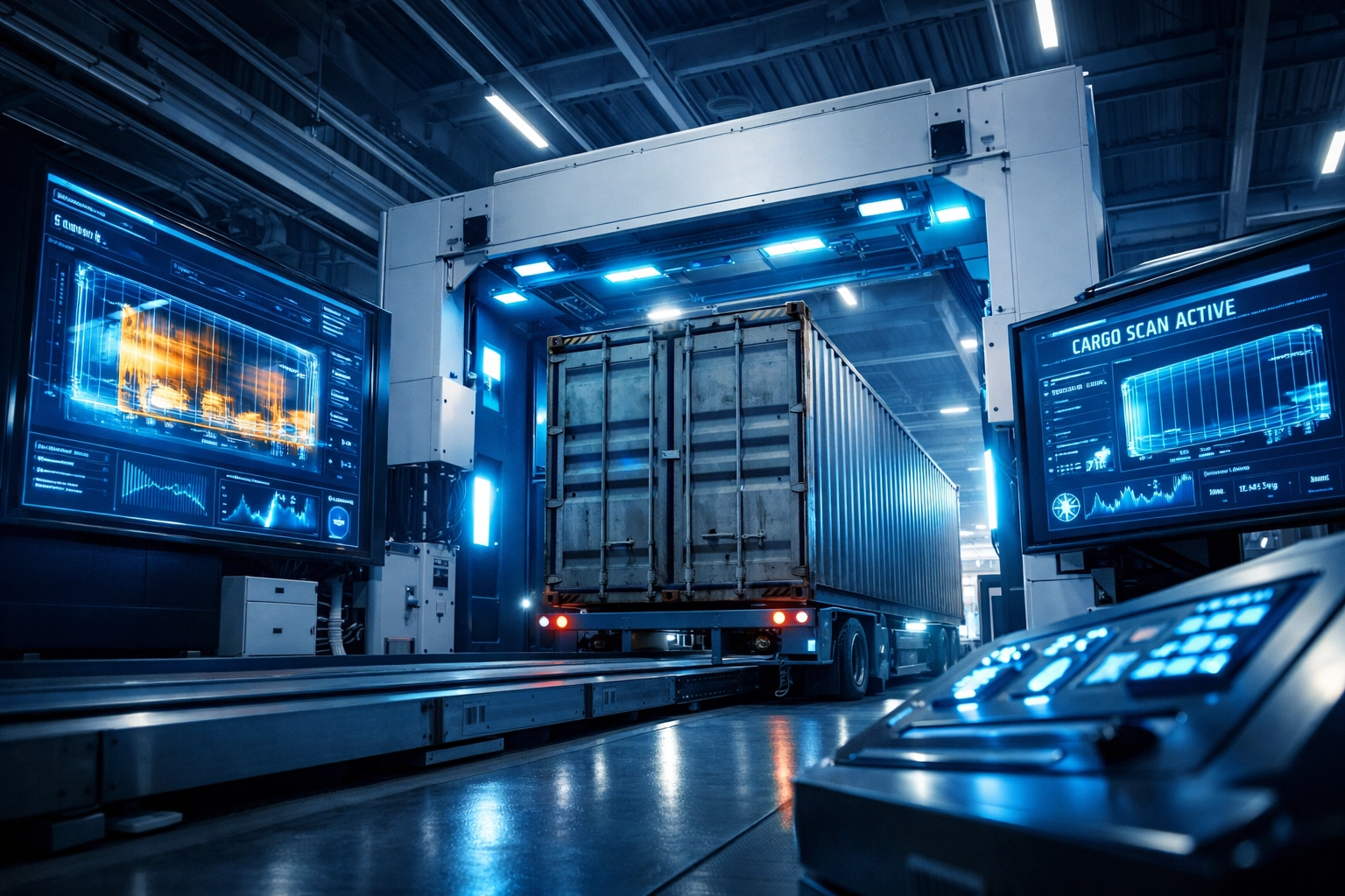 Modern customs inspection facility with automated X-ray scanning of shipping container