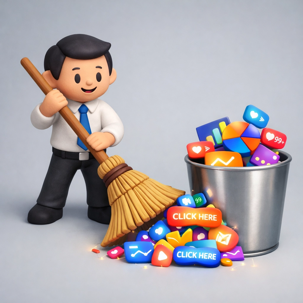 Clearing away complex dashboard widgets and UI buttons to simplify AI strategy and automation.