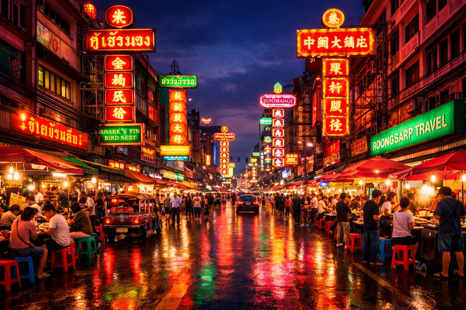 Vibrant neon signs and busy food stalls in Bangkok’s Chinatown, a prime photo spot for travelers.