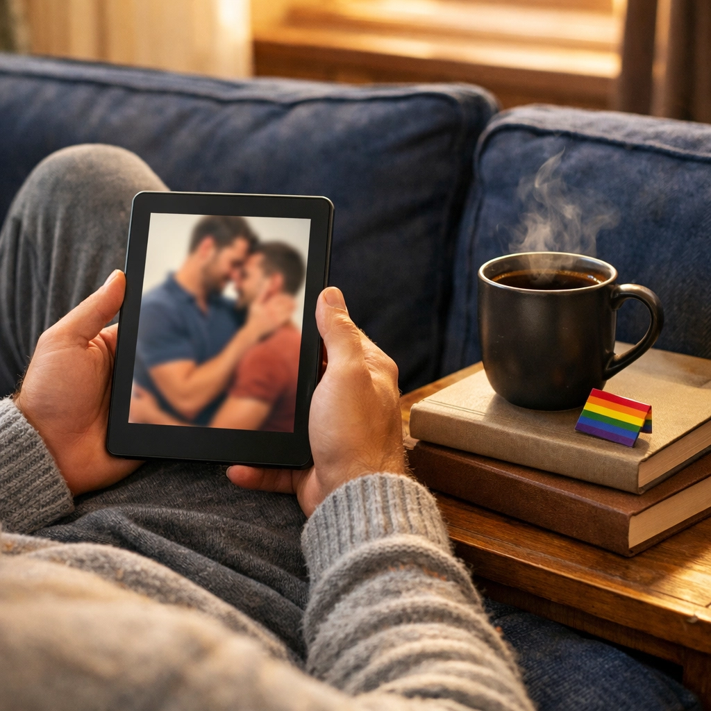 A reader enjoys the best MM romance ebooks on a cozy afternoon, supporting LGBTQ authors by reading direct.
