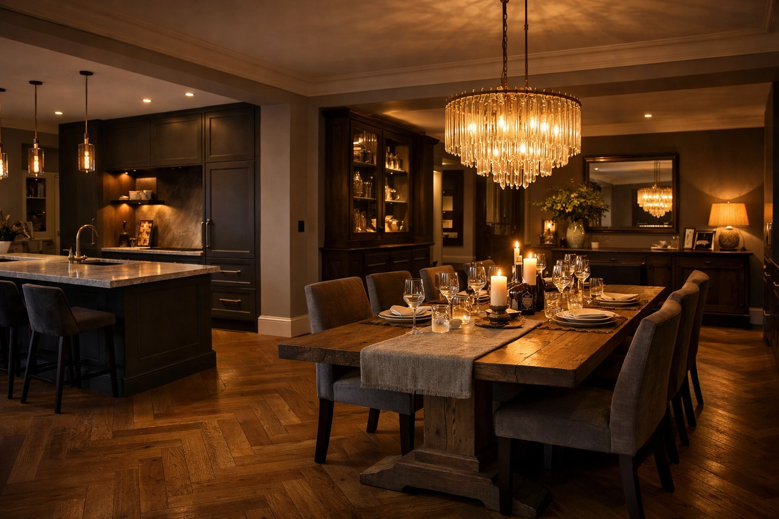 Completed home extension in Chichester with herringbone flooring and a luxury open-plan dining and kitchen area.