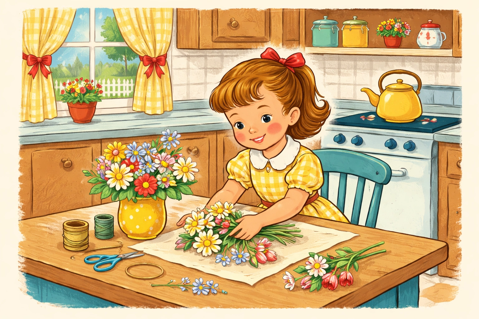 Child arranging colorful pressed flowers on parchment paper at a kitchen table for a creative family craft