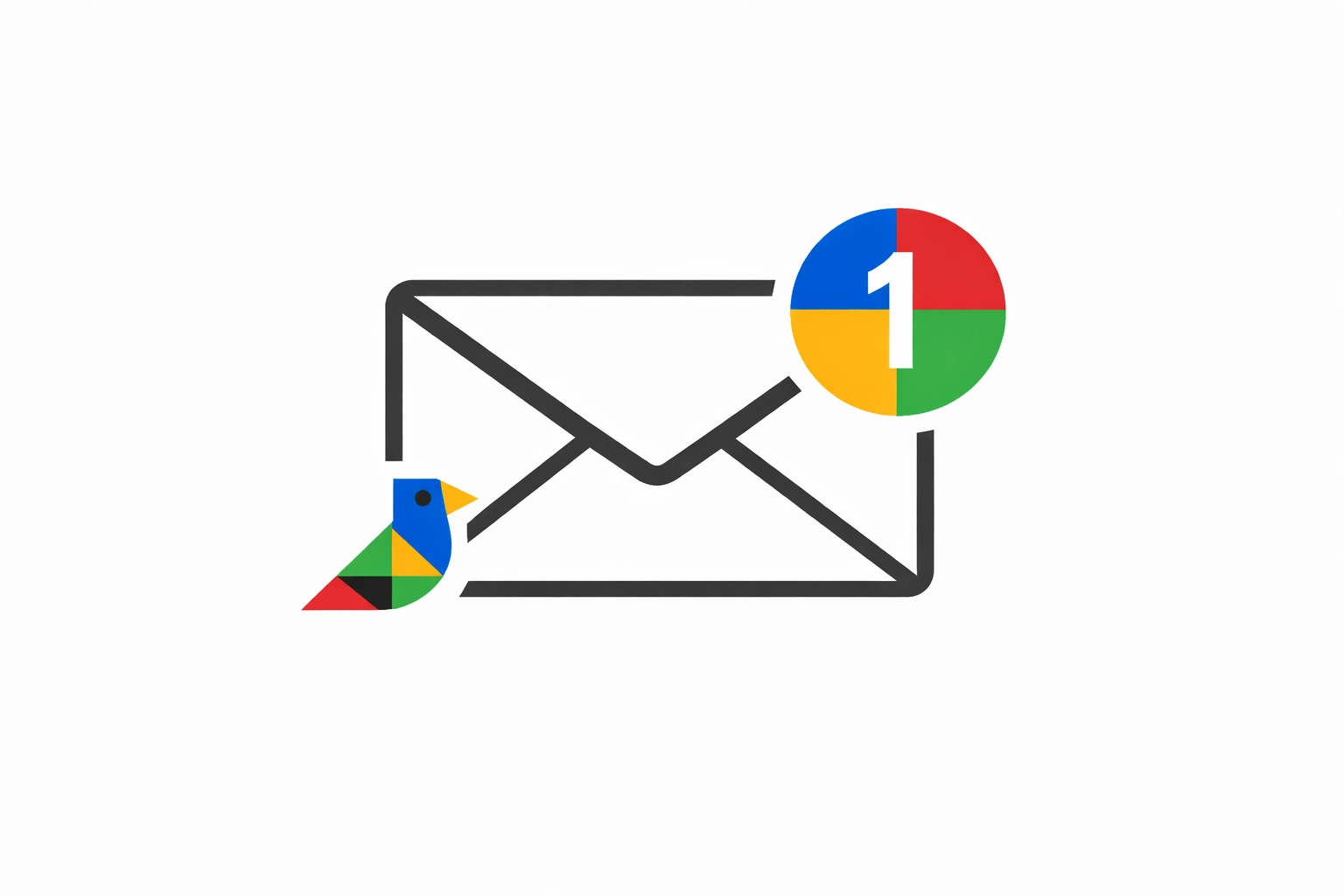 Minimalist geometric mail checker icon on clean white with a color-blocked Blue/Red/Green/Yellow unread badge, clean UI styling, and a subtle geometric bird motif (no people).