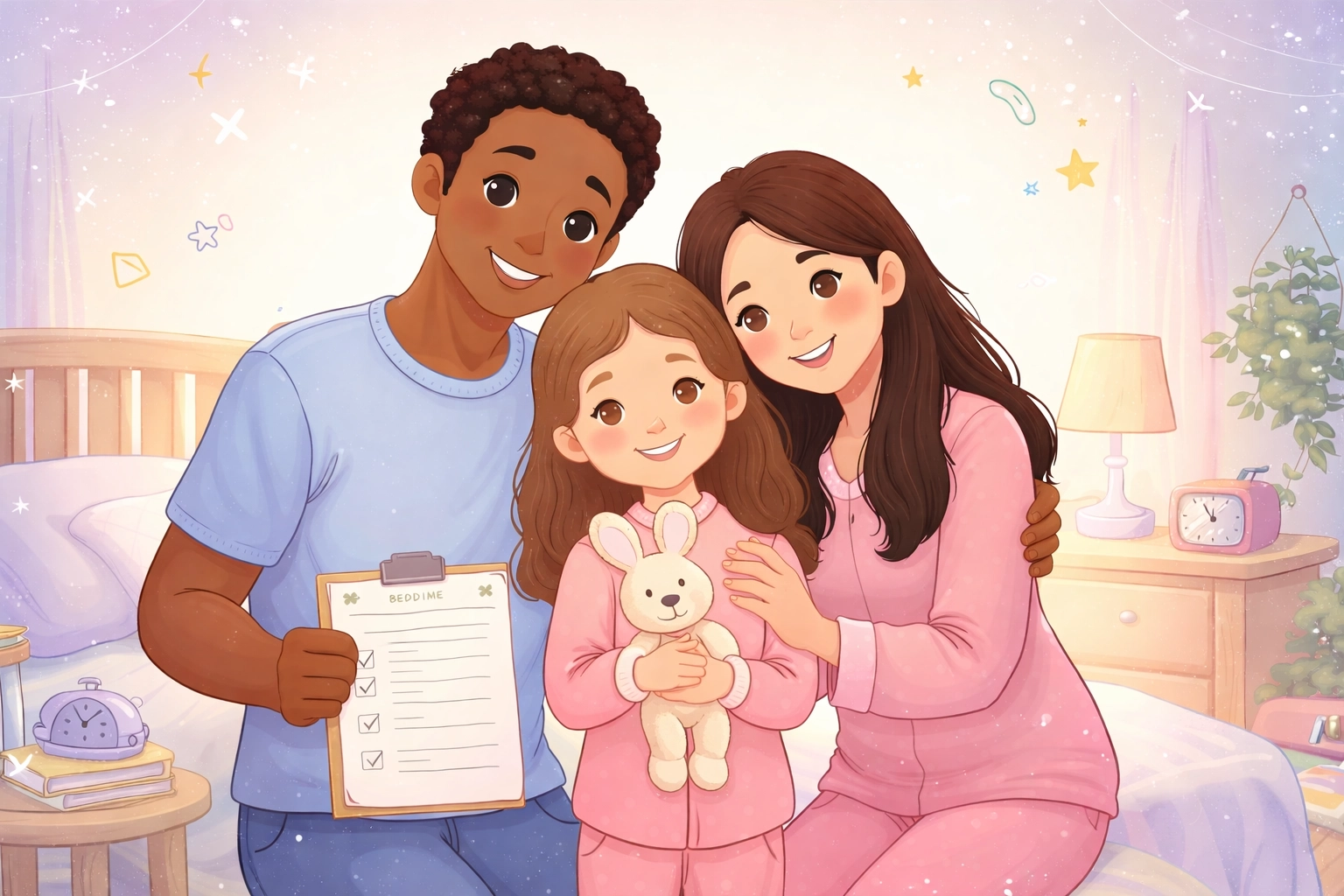 Illustration of a smiling family seated together in a cozy bedroom. A father holds a clipboard while a mother and young daughter sit beside him. The child hugs a stuffed bunny, and all three wear soft pink and blue pajamas. A “Featured” label appears in the top corner, conveying comfort, care, and family support.