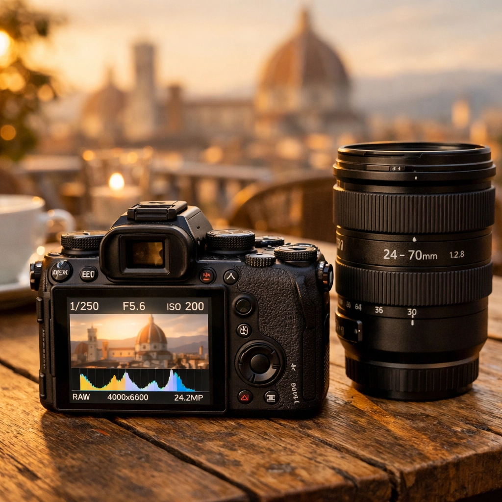 Professional mirrorless camera gear on a cafe table at one of the best photography locations.