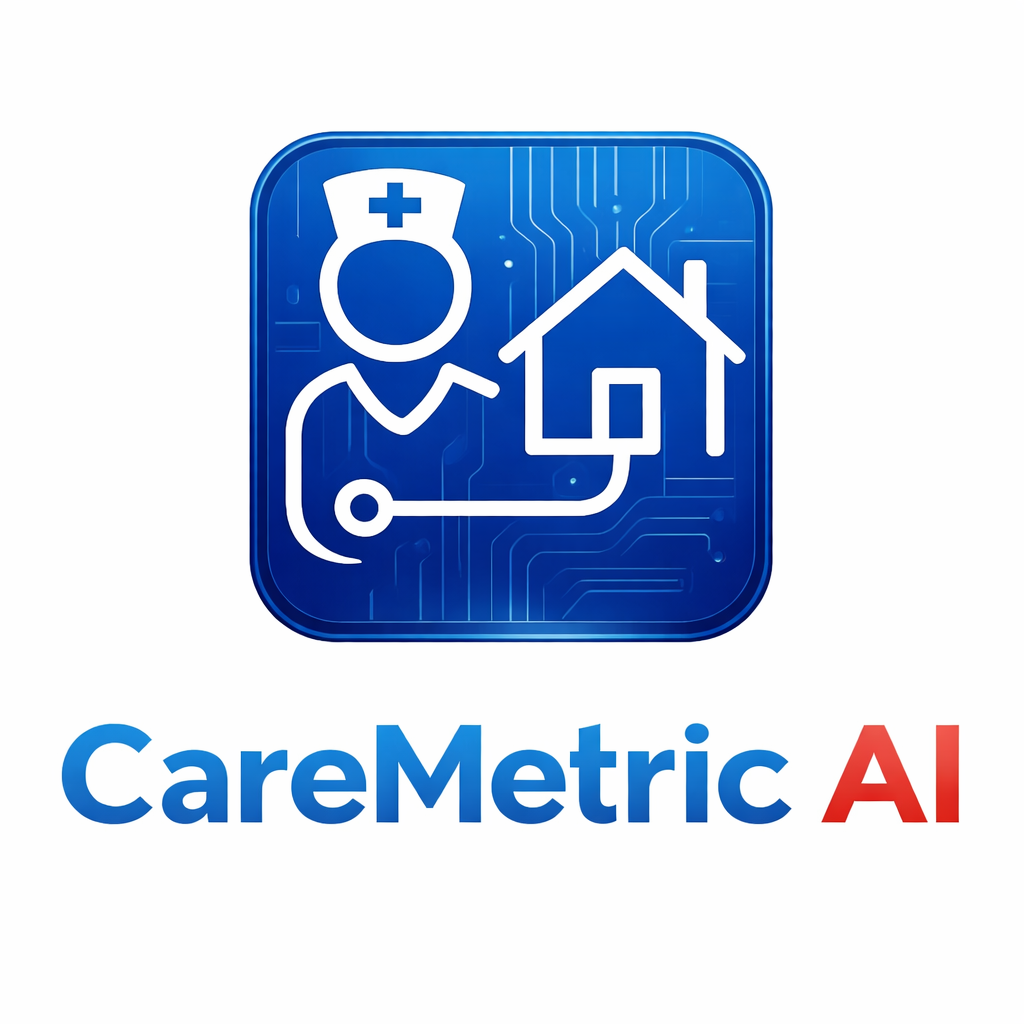 CareMetric AI CareMetric AI logo featuring a digital icon of a healthcare worker connected to a home, symbolizing AI-driven clinical support for home health. The blue background with circuitry represents advanced technology and automation. The business name 'CareMetric AI' appears below in blue and red gradient text.
