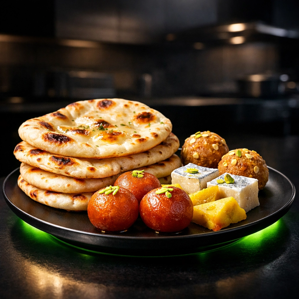 Freshly baked naan bread and traditional South Asian sweets from the Curry Cart bakery in Missouri.