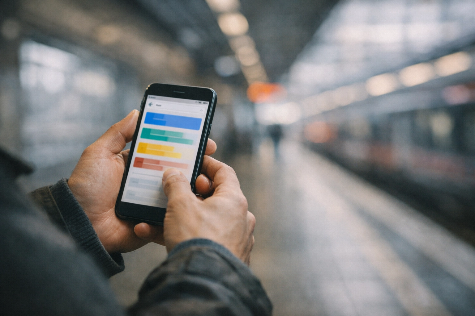 Professional managing email inbox on smartphone while traveling or working remotely