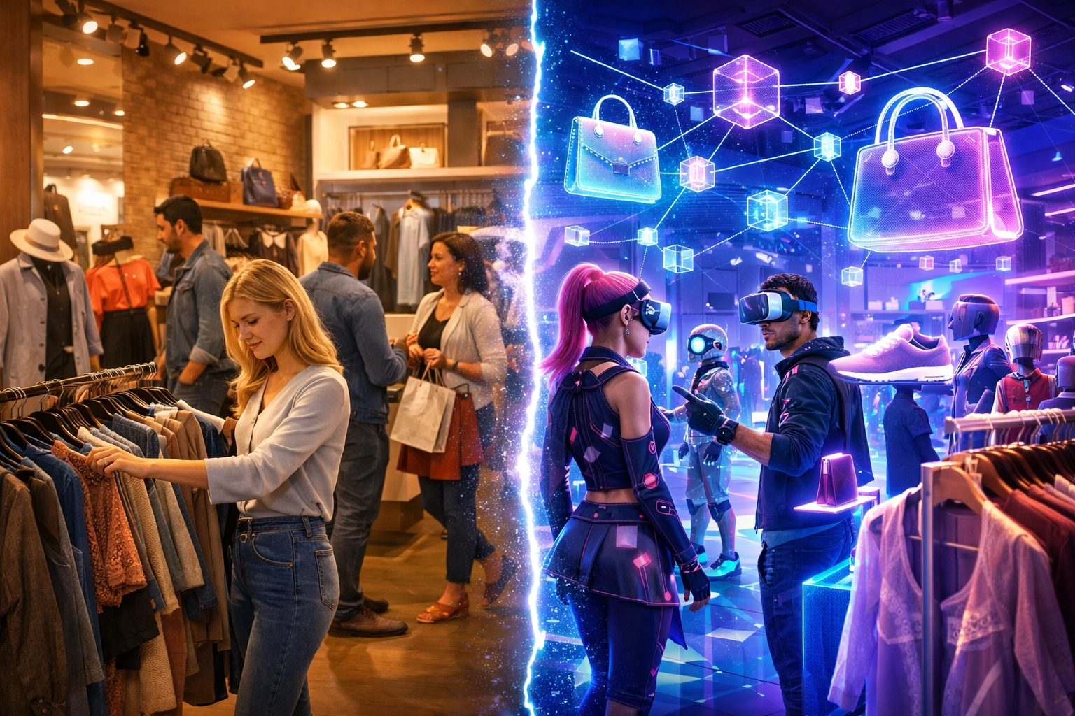 Physical retail store transforming into VR metaverse shopping experience with blockchain technology