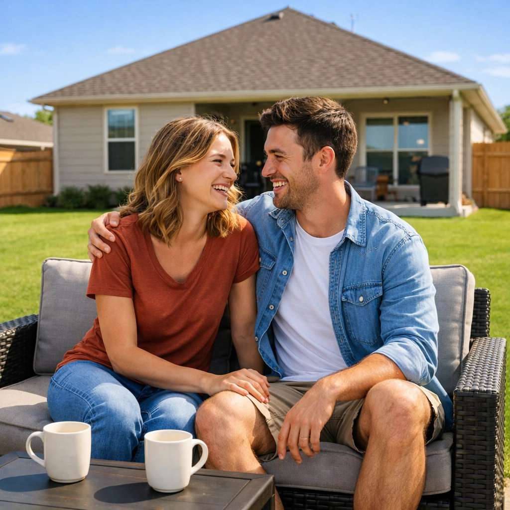 Happy homeowners enjoying the large backyard of their new affordable house in a San Antonio suburb.