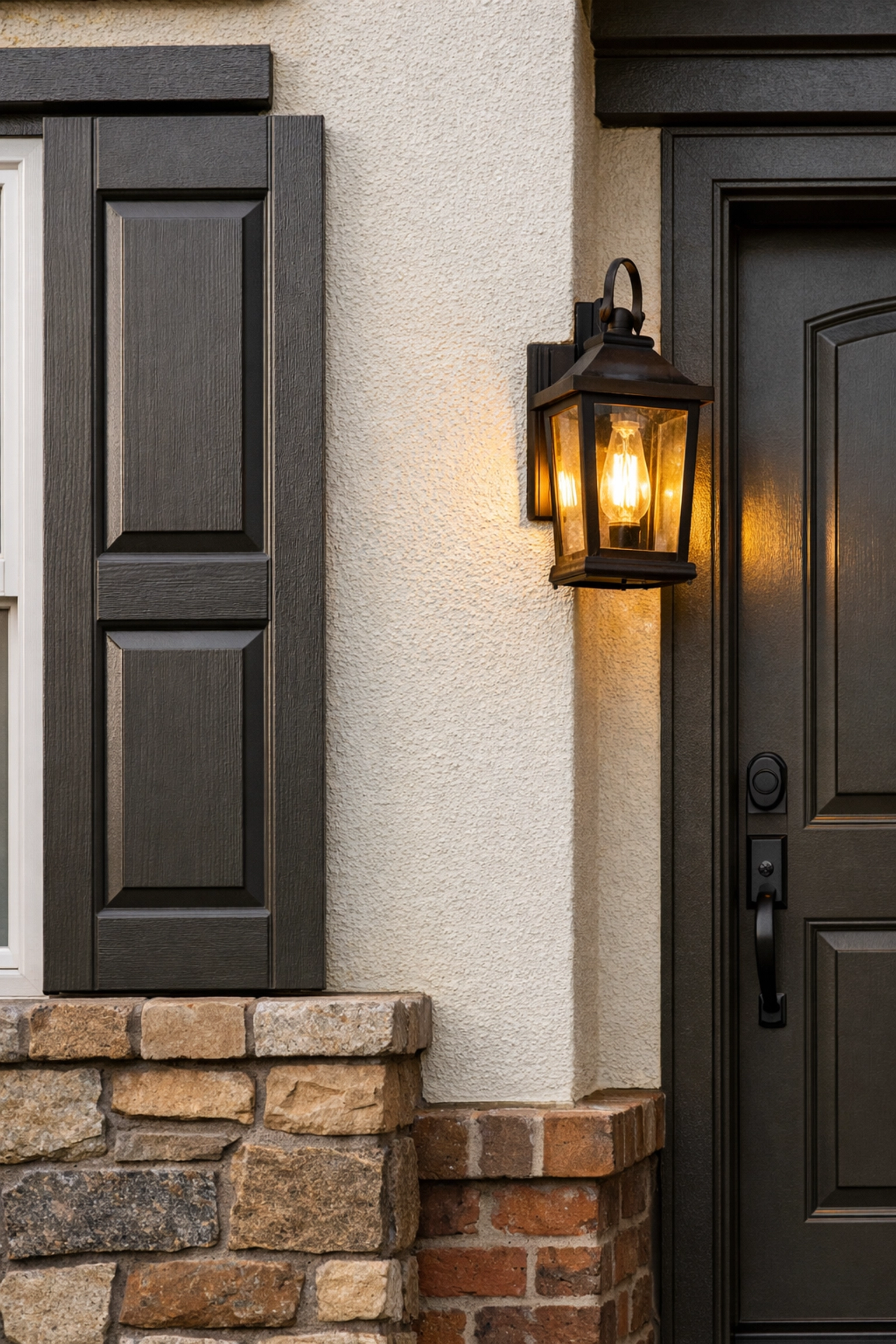 Close-up of Orlando home exterior with Urbane Bronze painted shutters and door accent colors