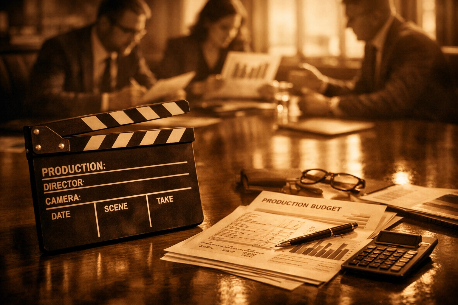 Film investment meeting reviewing production budgets and financial documents