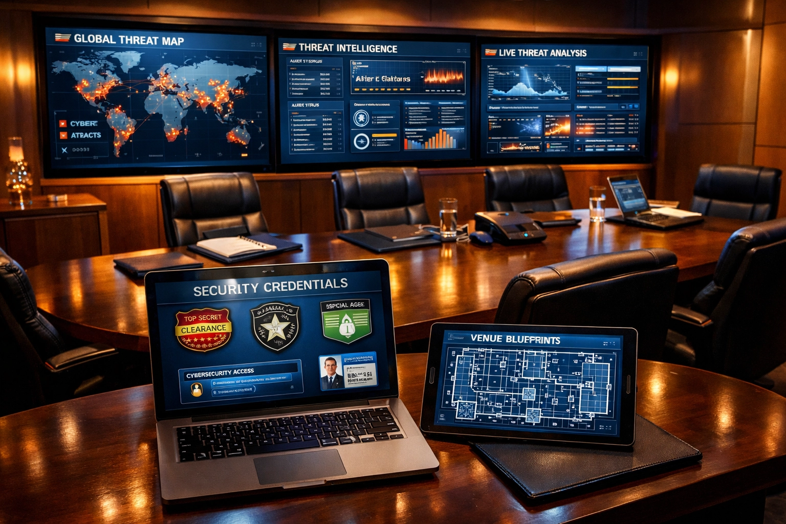Executive security briefing room with threat monitoring displays for Super Bowl event planning