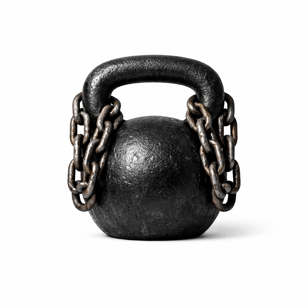 Heavy iron kettlebell and steel chain symbolizing the grit of the sovereign mindset.