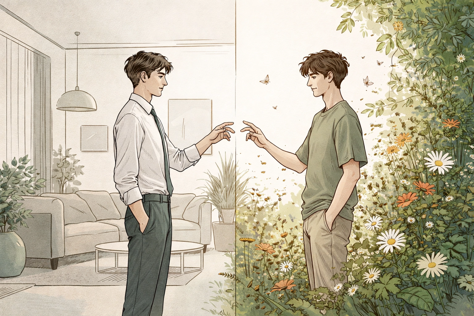 Two men reaching toward each other: order meets chaos in this MM romance opposites-attract moment