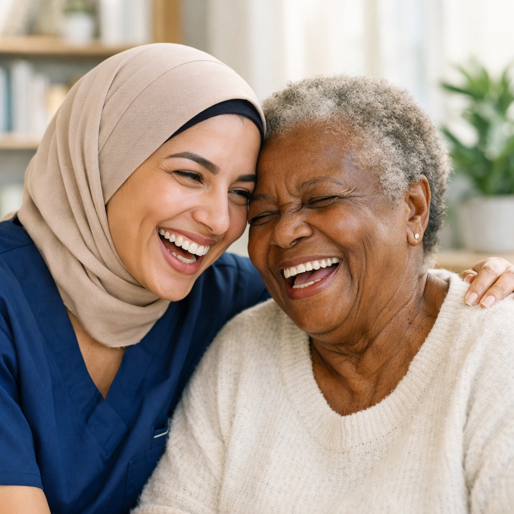 Cheerful caregiver supporting an aging senior in a modern Northern Virginia home.