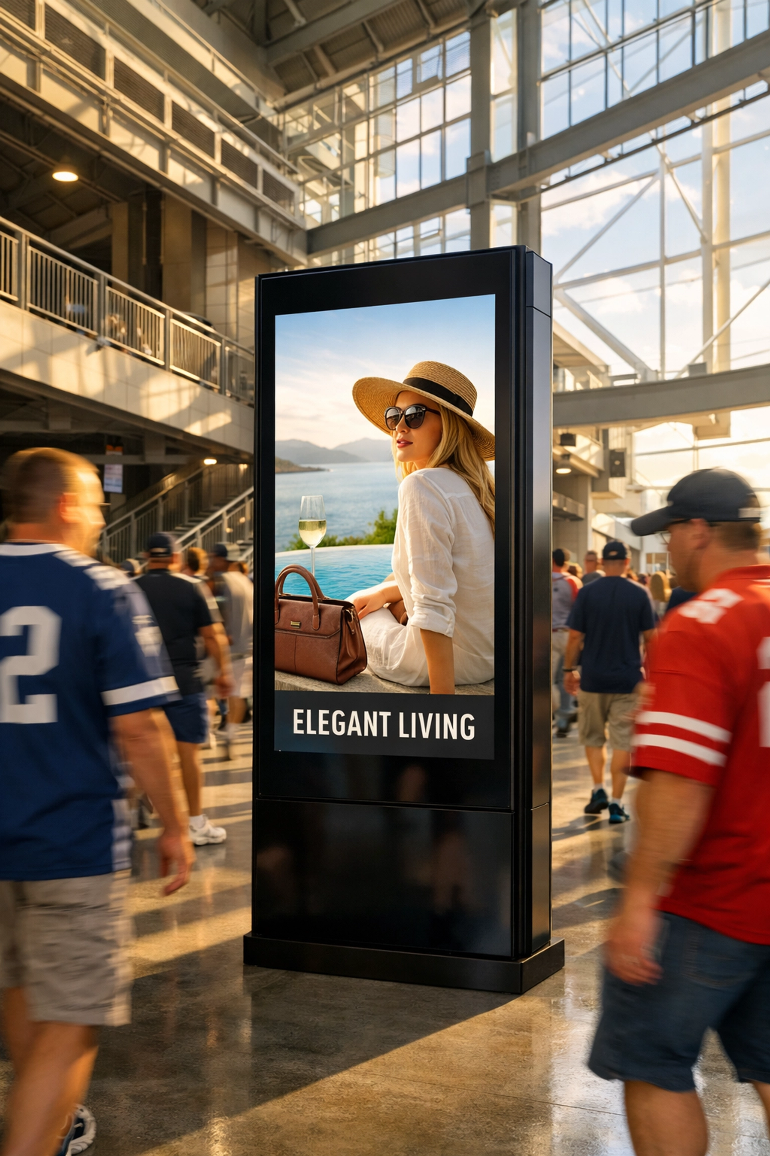 Modern digital out-of-home pylon advertising a lifestyle brand in a busy stadium concourse.