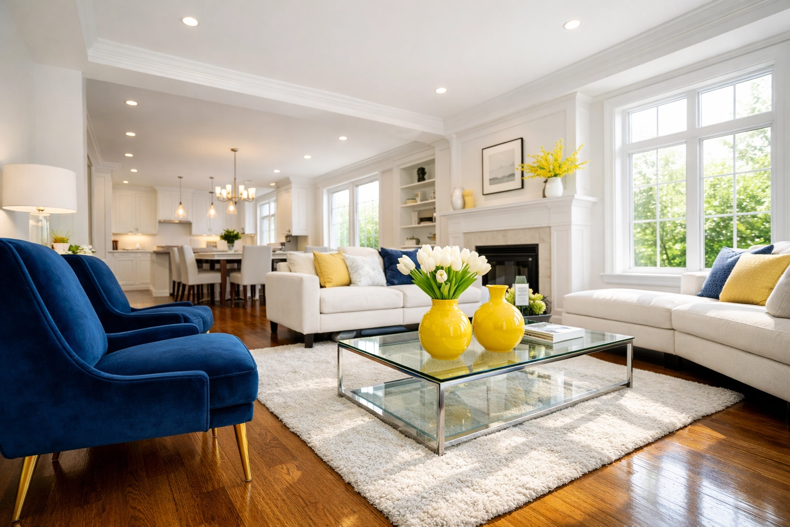Sun-drenched, dust-free living room in a luxury Massachusetts home after a deep cleaning MA strike.