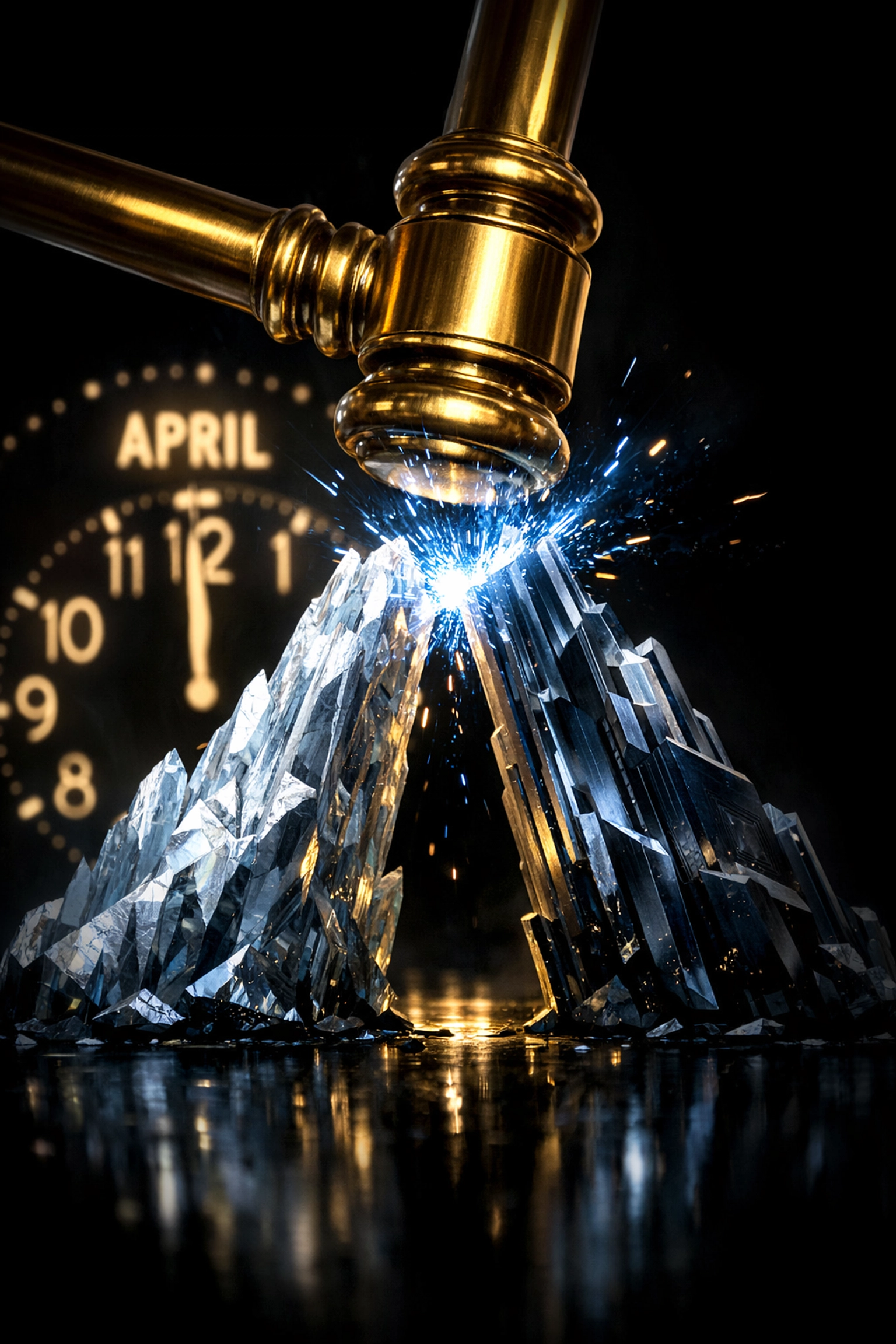 A golden gavel intervening in a massive corporate news India studio merger under a midnight deadline.