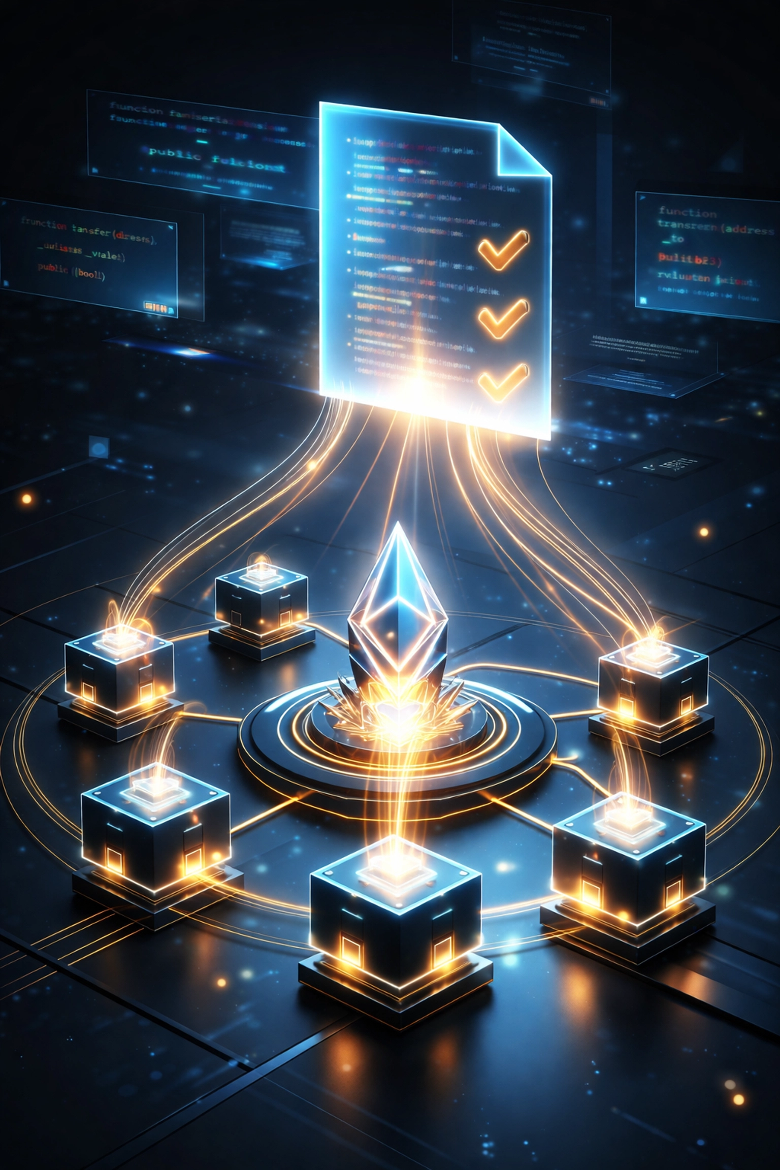 Digital document transforming into blockchain nodes to symbolize trustless, verifiable receivables tokenization for merchants