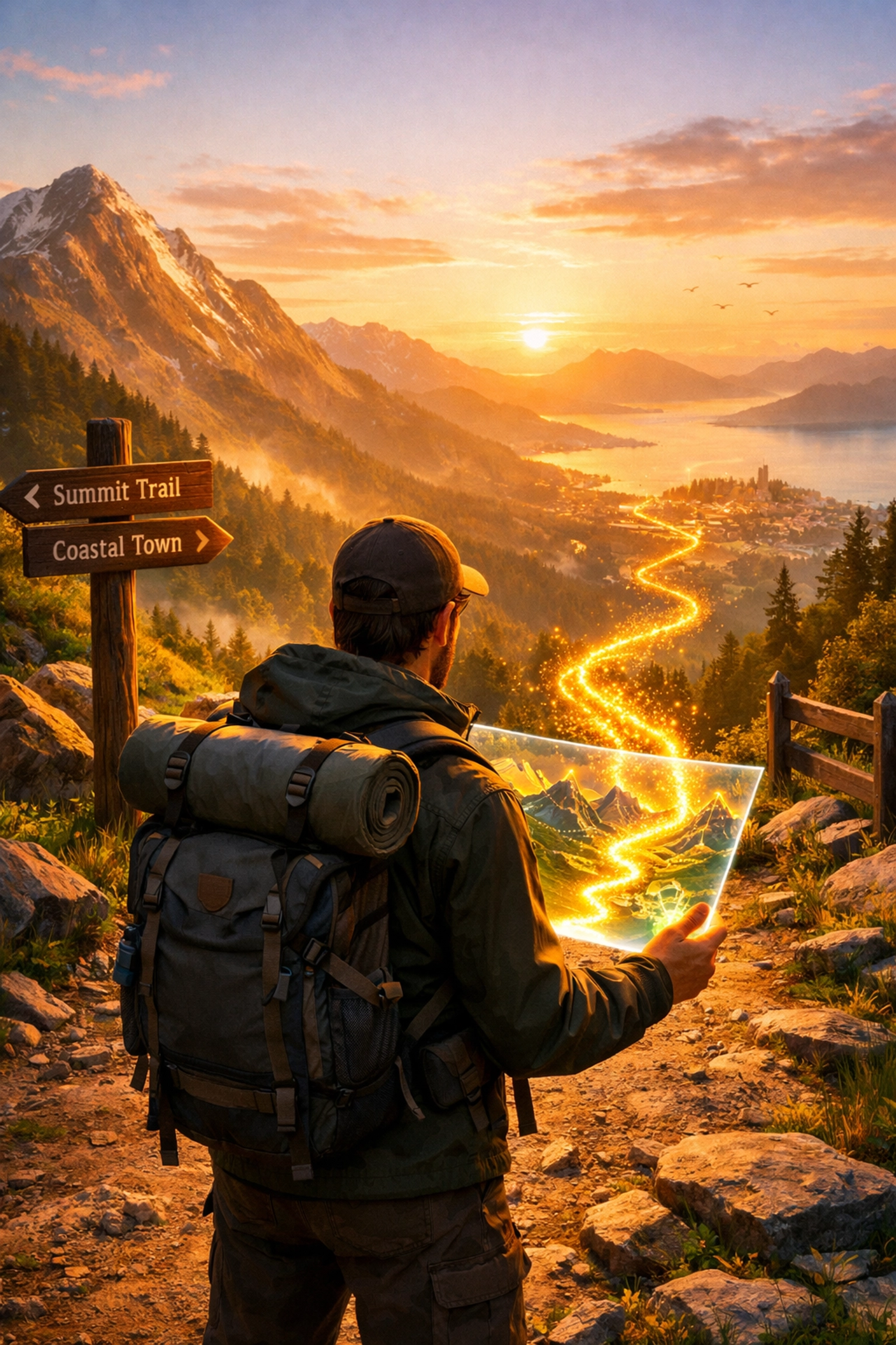 A person at a mountain crossroads using a digital map to plan a clear path toward retirement.