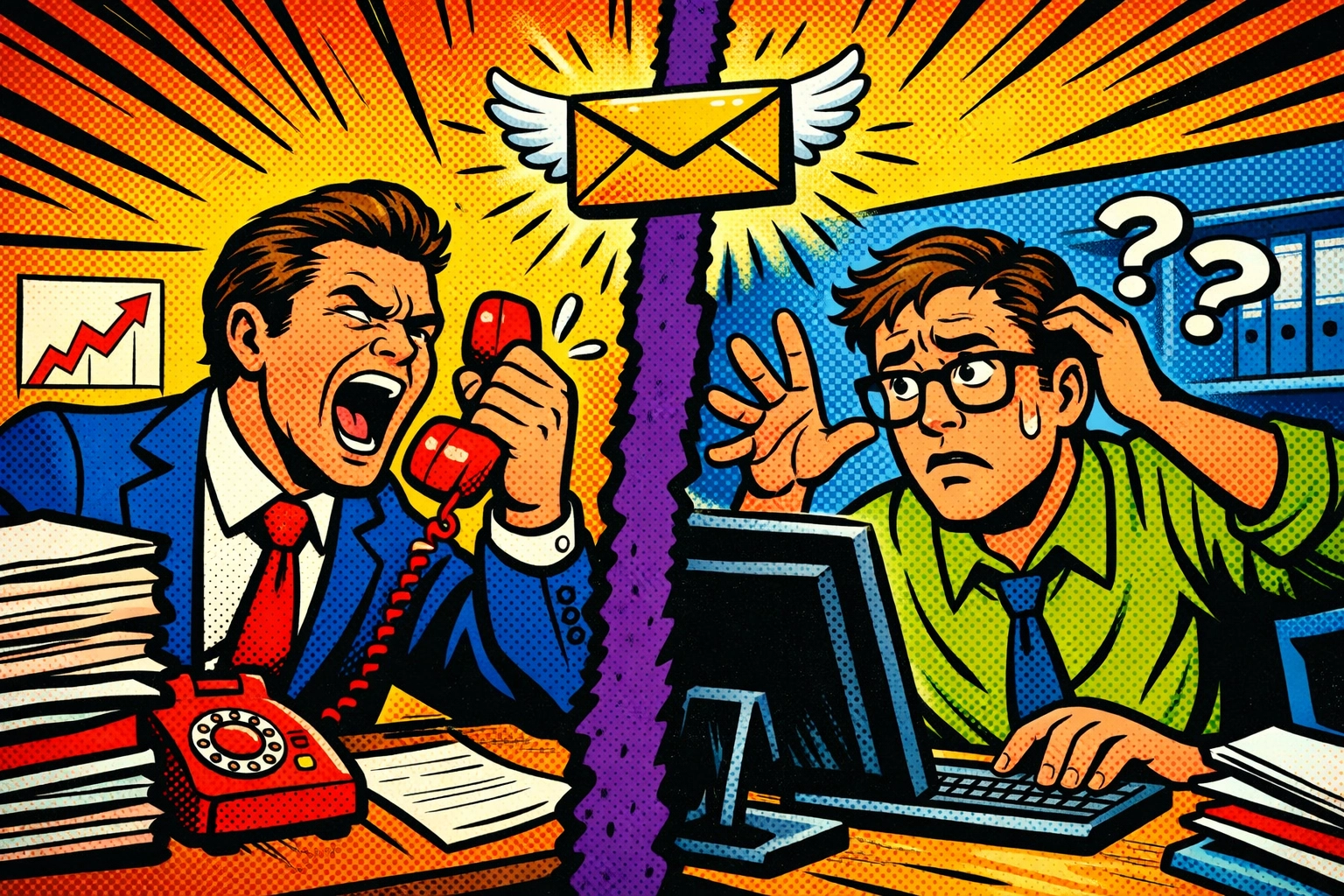 Office workers separated by a wall missing a lead due to poor cross-departmental visibility in workflow automation.