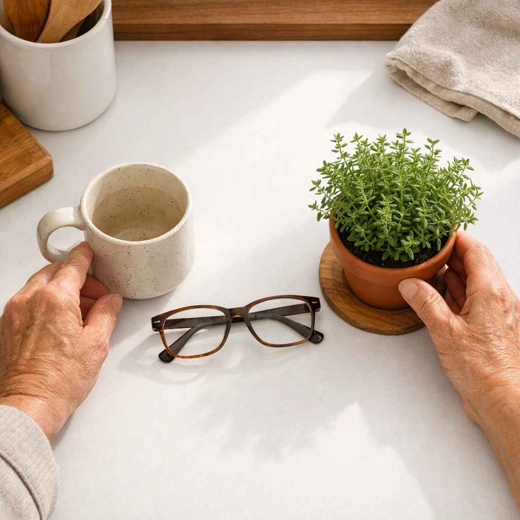 Senior organizing accessible kitchen items for independent living and home safety
