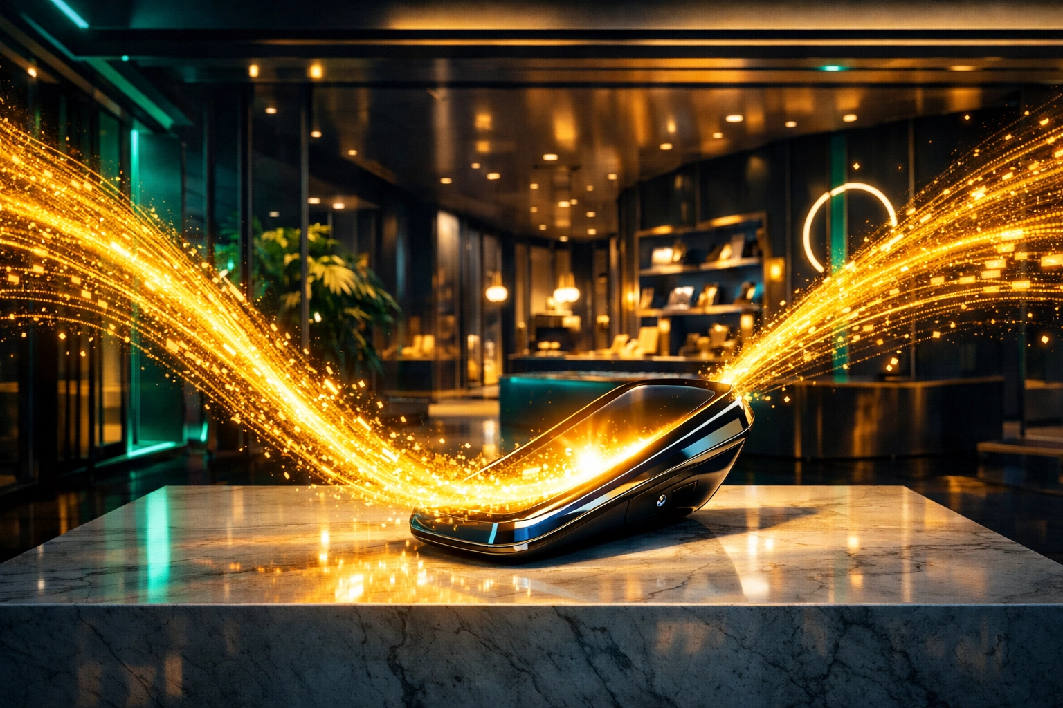 Digital currency flowing into a mobile POS device in a modern store, representing low-fee self-custody merchant accounts.