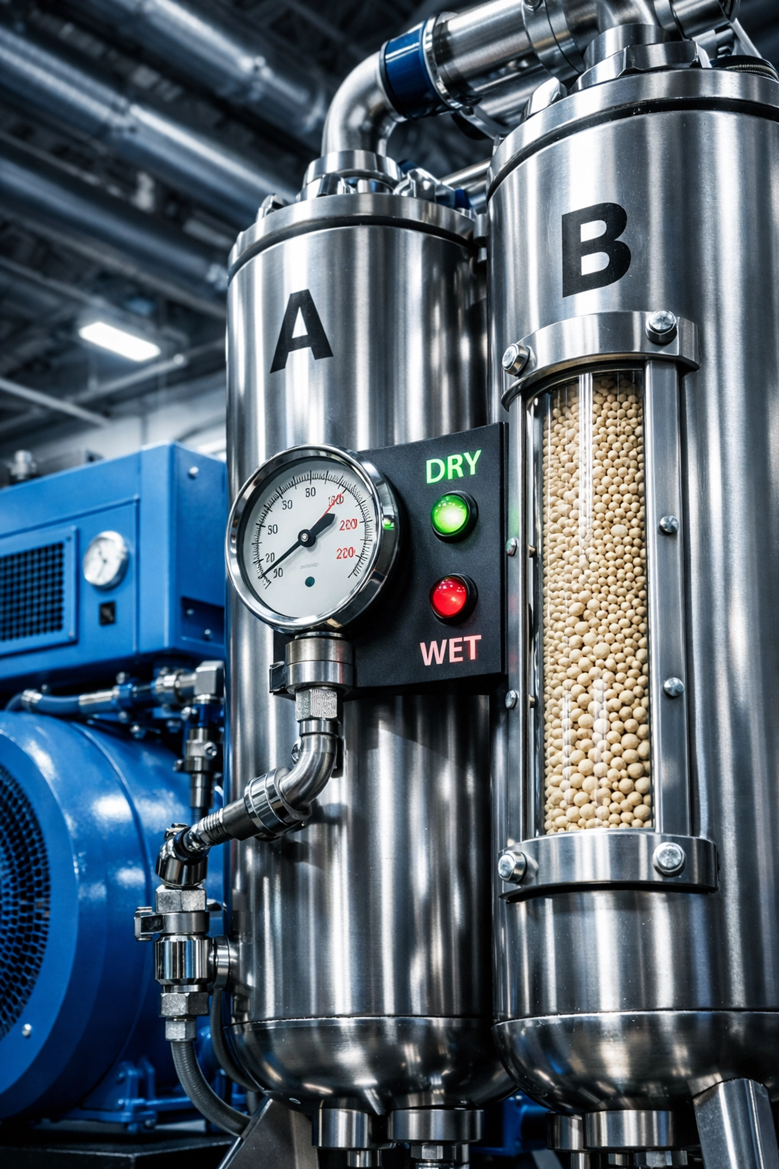 Dual-tower desiccant dryer system connected to screw air compressor for laser cutting