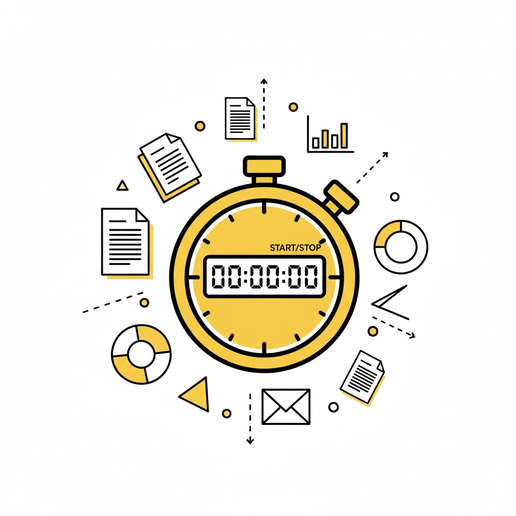Yellow stopwatch at 00:00:00 with "START/STOP," surrounded by documents, graphs, and icons on a white background.