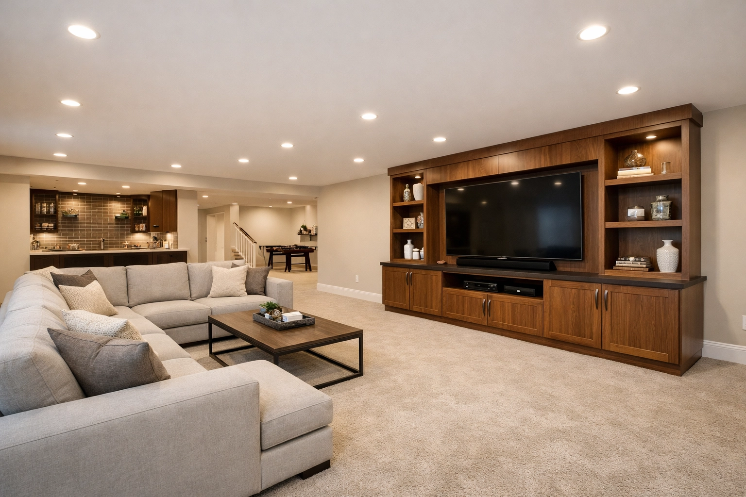 Luxury finished basement in Central Ohio featuring a modern living area and recessed lighting.