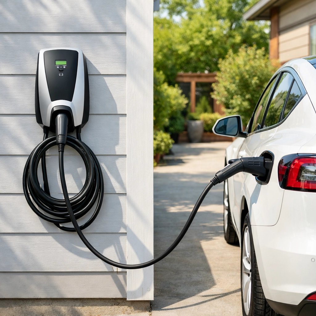 Level 2 EV charger installation at Southern Maine home with electric vehicle charging