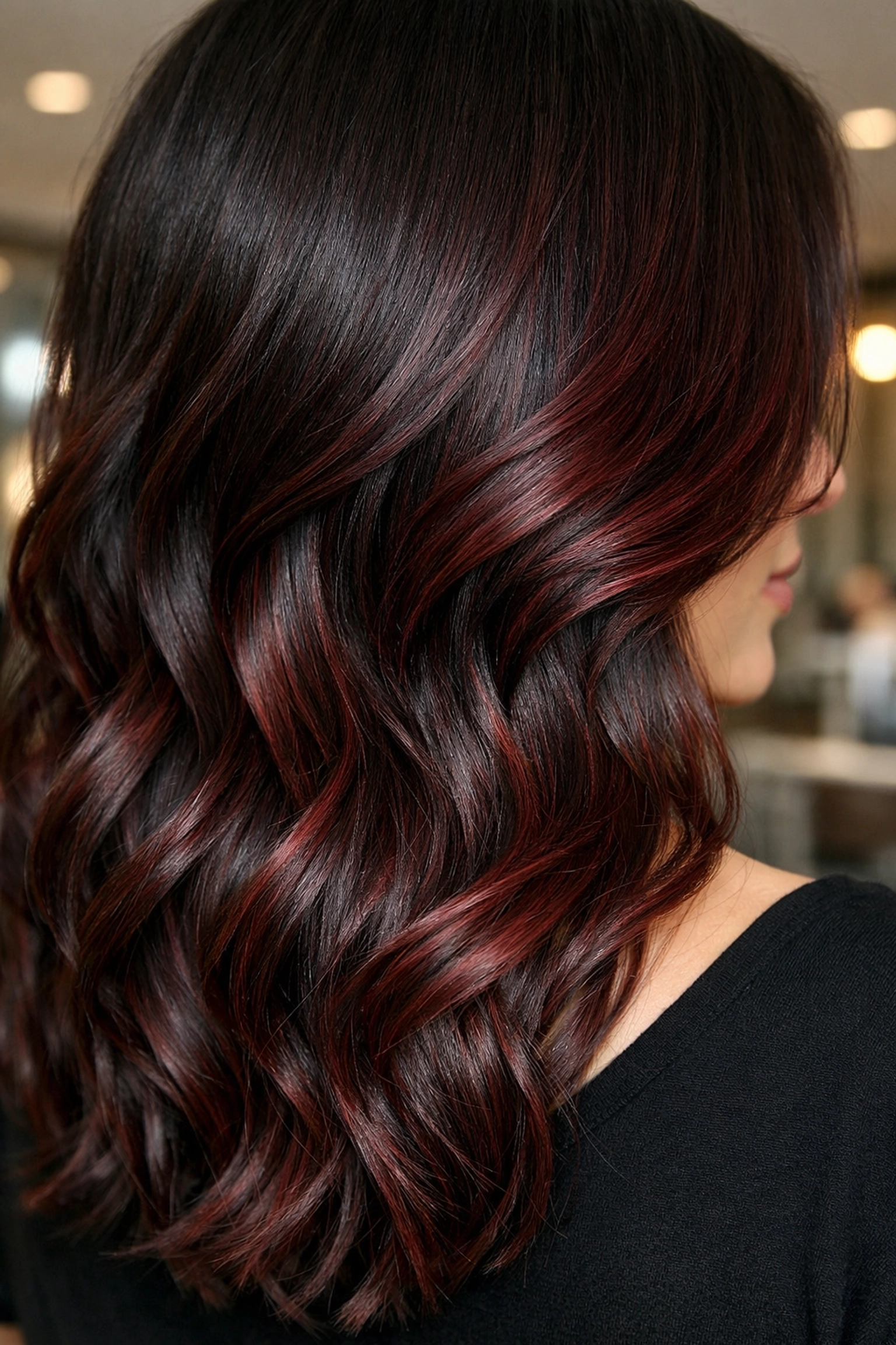 Chocolate cherry balayage hair color transformation at The Color Lounge in Concord NH.