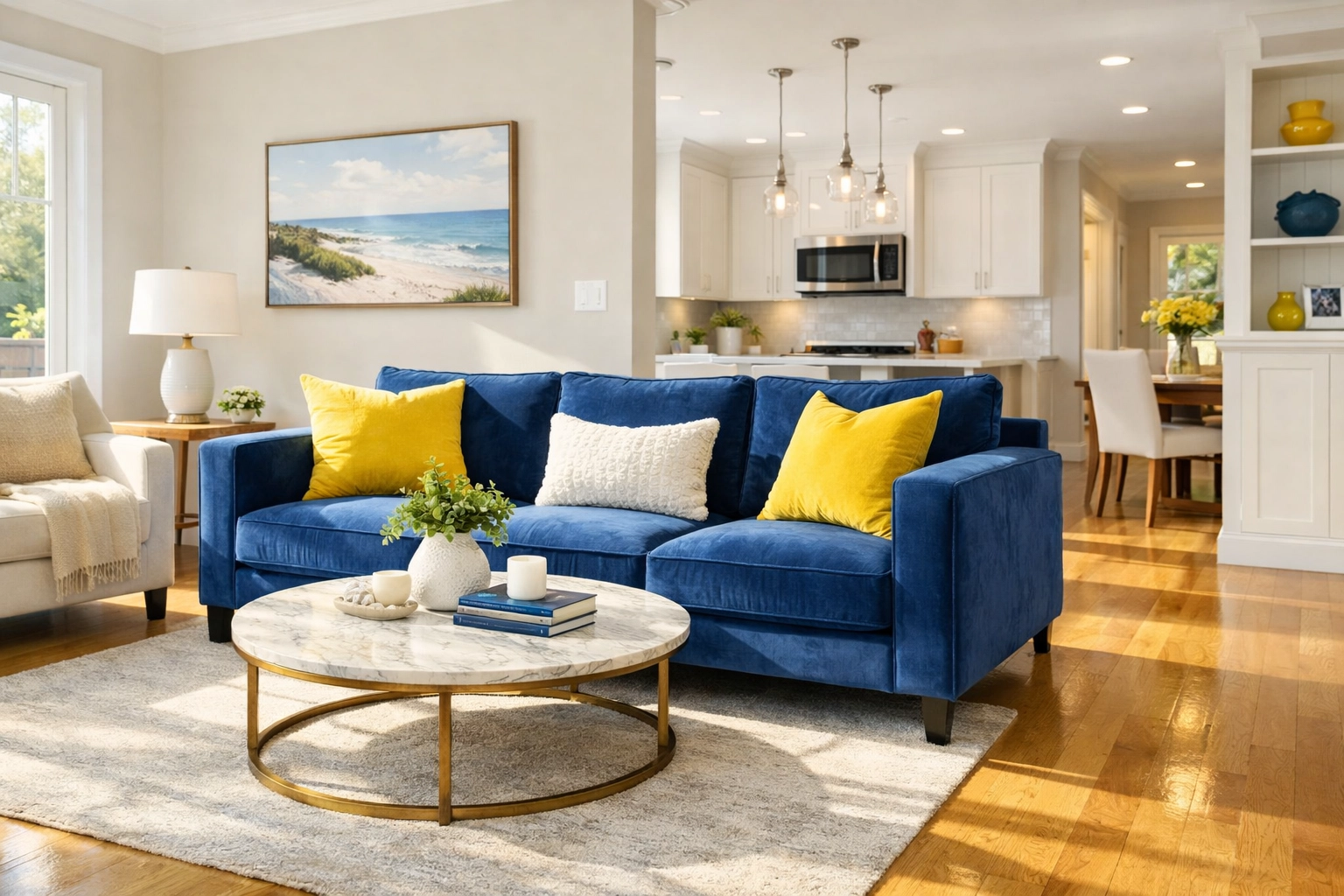 Clean living room with polished floors following a ninja-level post-construction cleaning service in Boston.