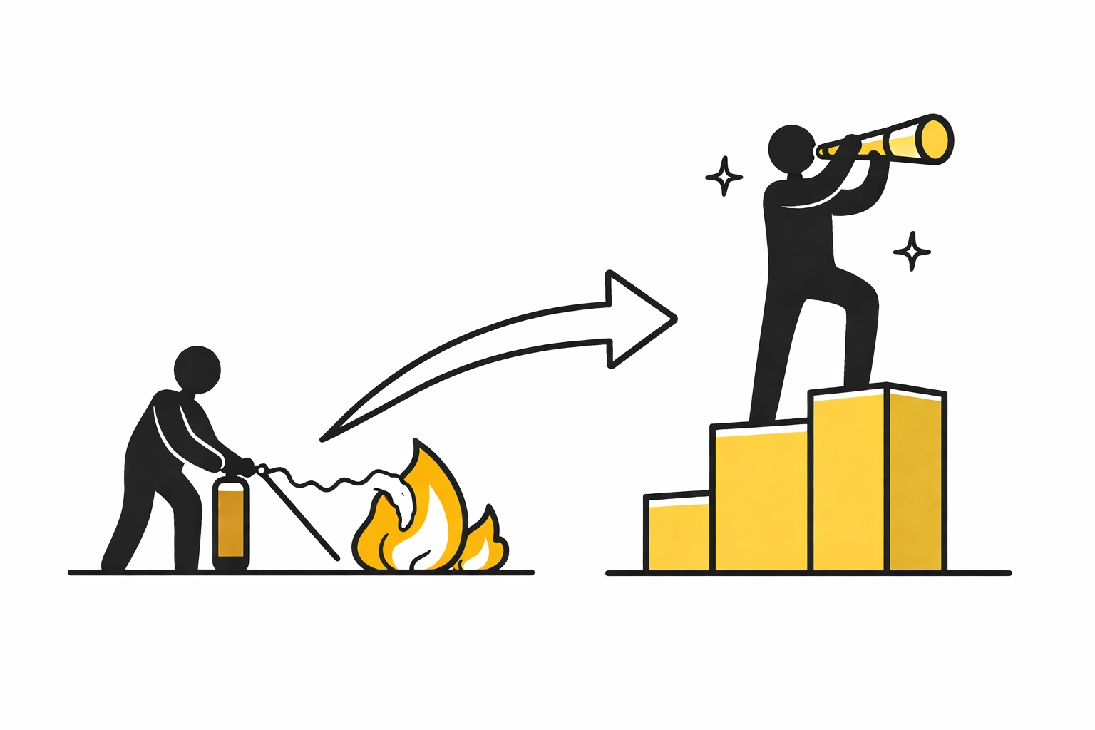 Person extinguishes fire with extinguisher; arrow leads to figure on yellow steps with telescope, conveying progress and foresight.