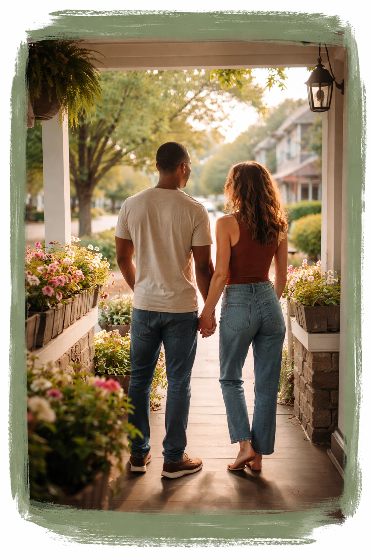 Couple standing confidently on their craftsman home porch in a Philadelphia suburb