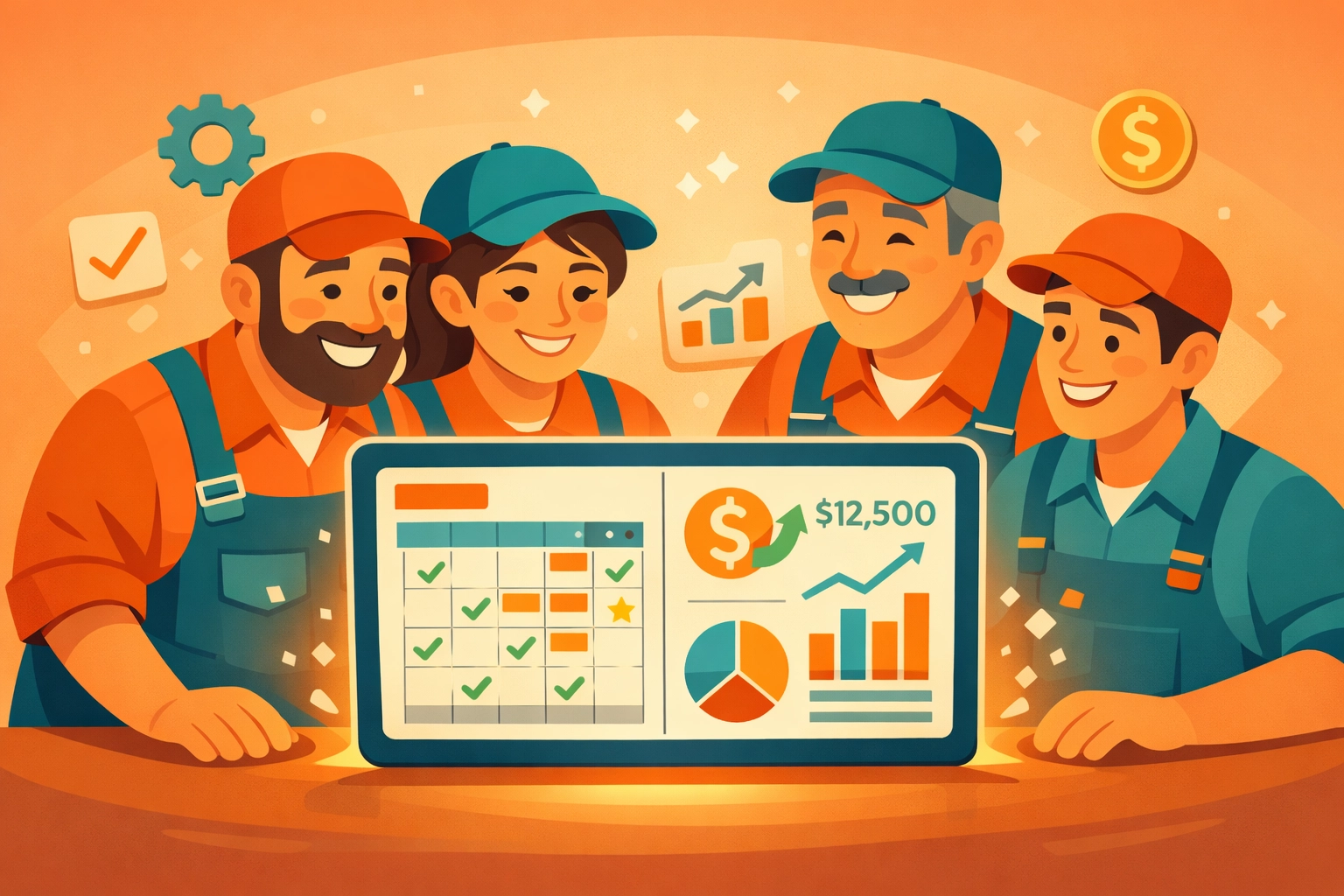 Trade business team using unified scheduling and accounting software on single platform