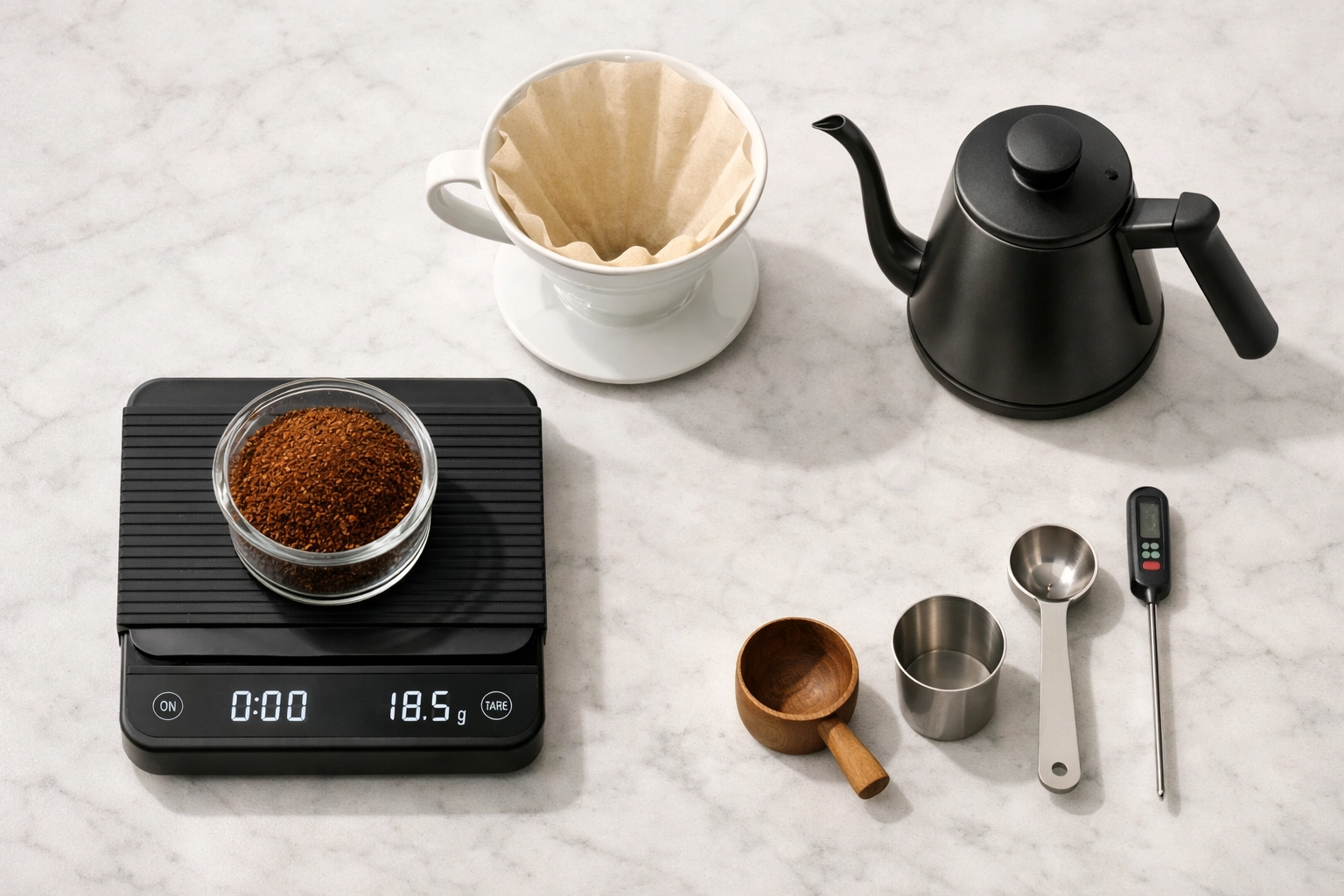 Coffee brewing equipment organized on countertop with scale and measuring tools
