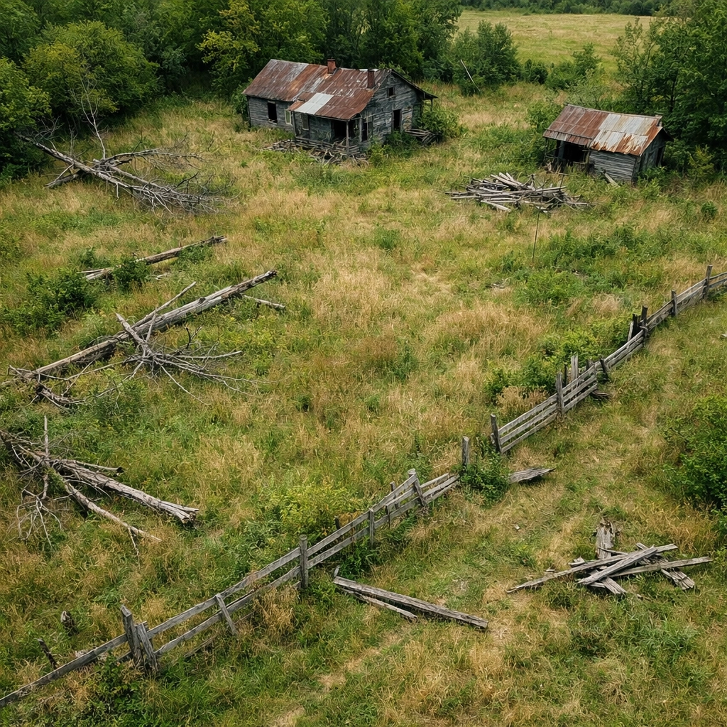 Overgrown inherited Indiana land with fallen trees and maintenance issues